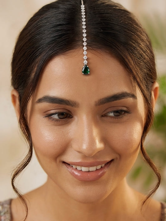 Silver Plated Green AD Teardrop Maang Tikka for Women