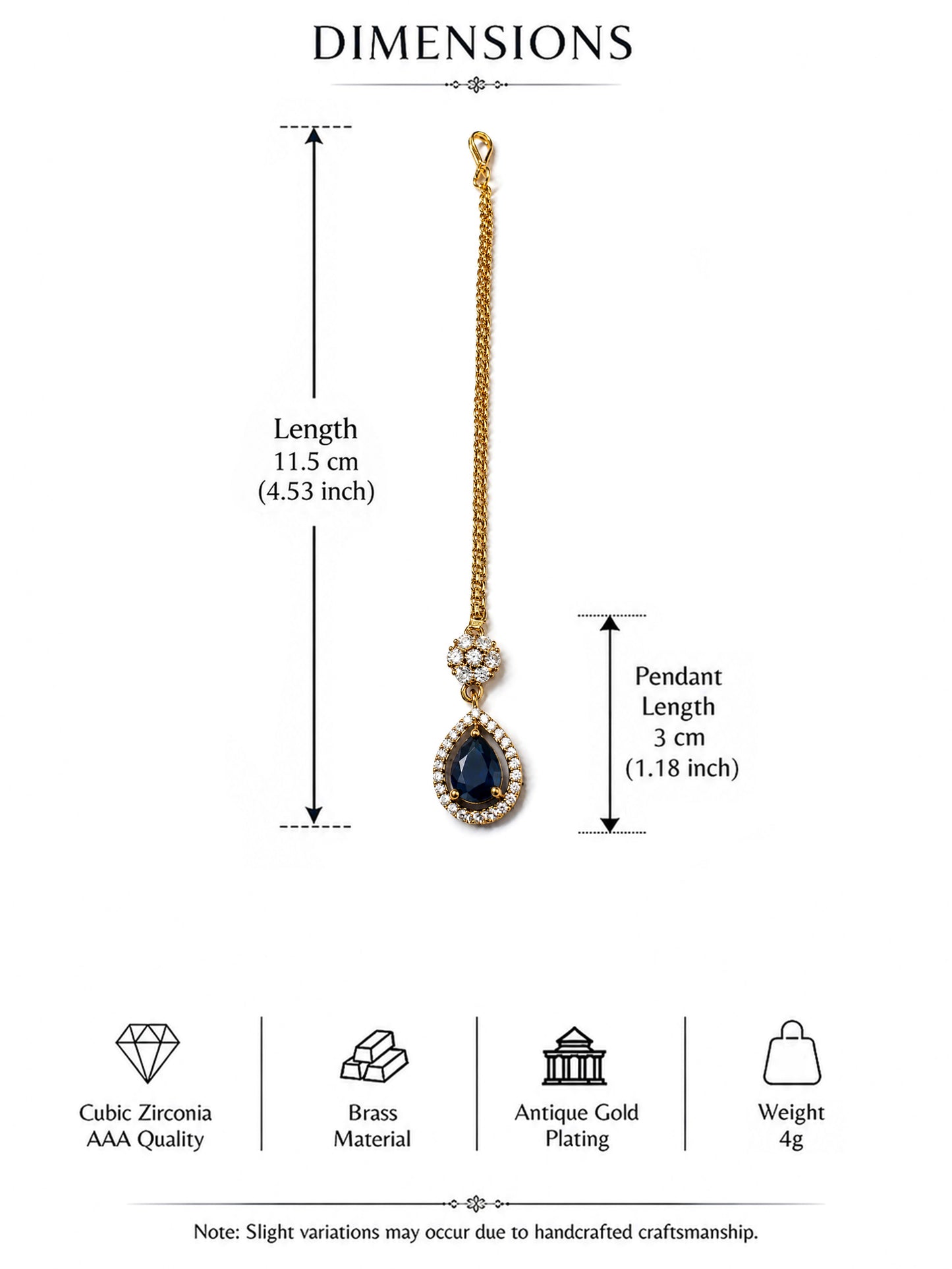 Antique Gold Plated Blue AD Maang Tikka for Women