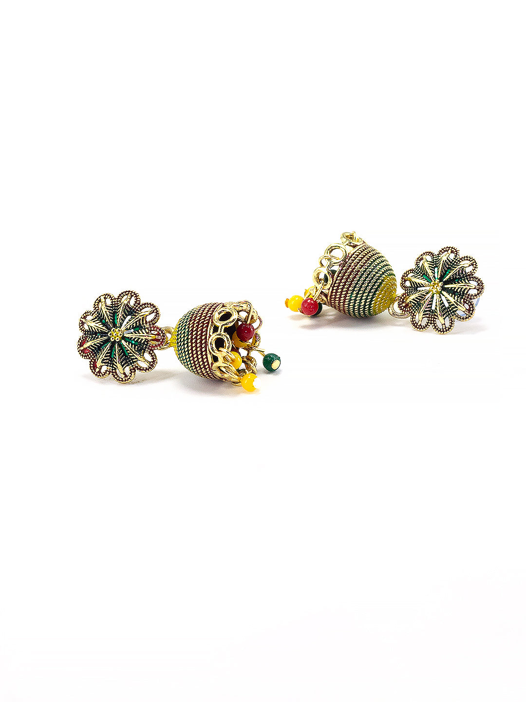 Gold Plated Floral Multi Color Artificial Beaded Jhumki Earrings