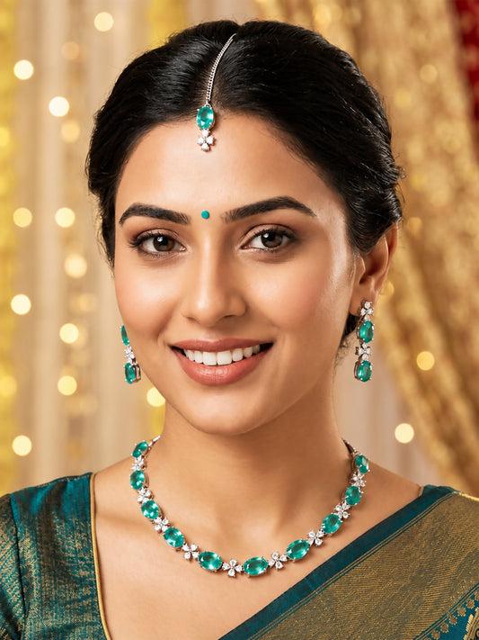 Silver Plated Sea Green AD Jewellery Set for Women