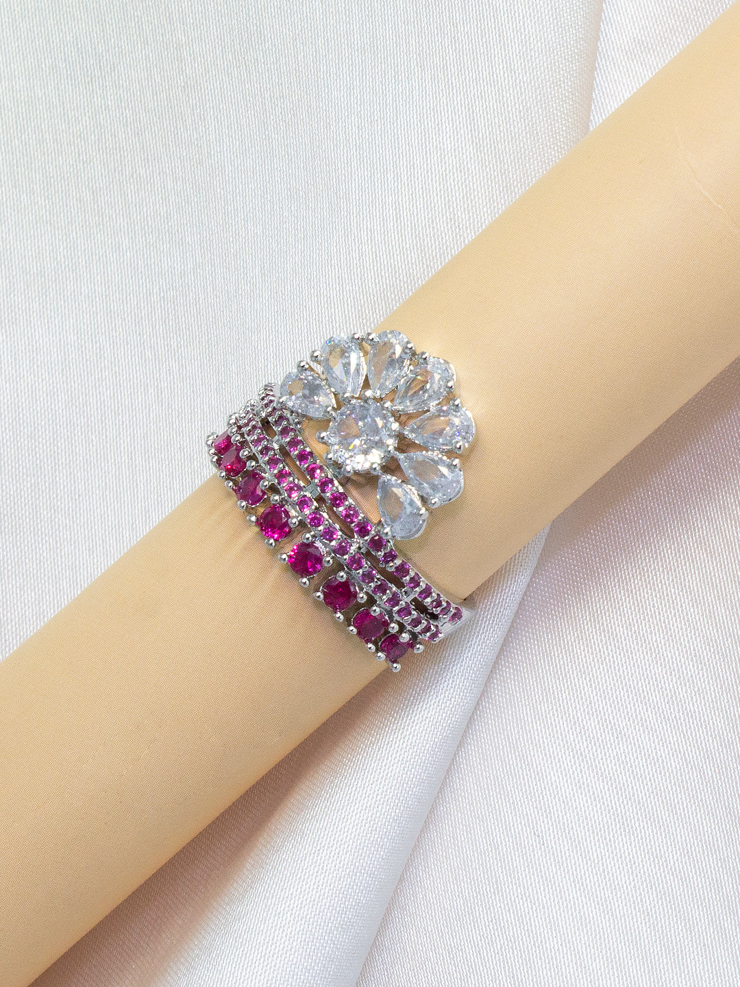 Silver-Plated American-Diamond Designer Floral Adjustable Finger Ring
