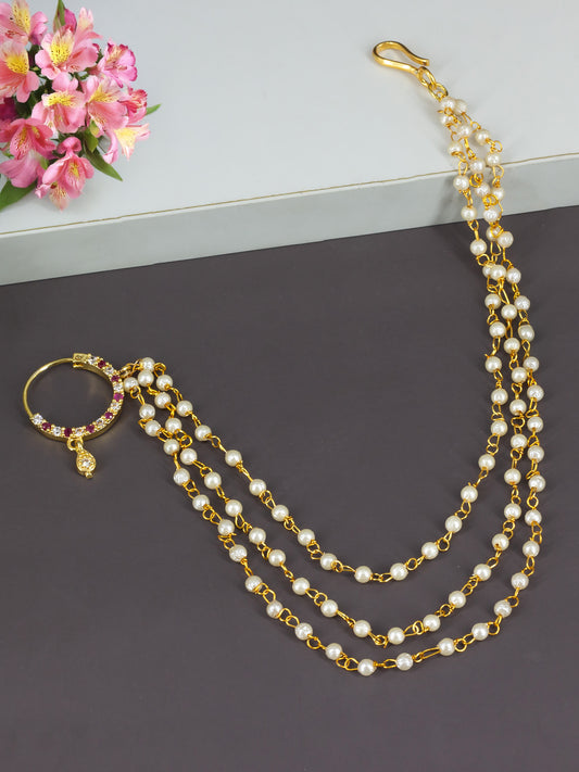 Gold Plated Red AD Nose Ring with 3 line Pearl Chain