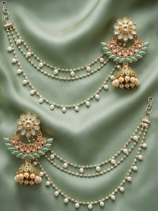 Gold Plated Green Kundan Jhumka Earrings with Chain for Women