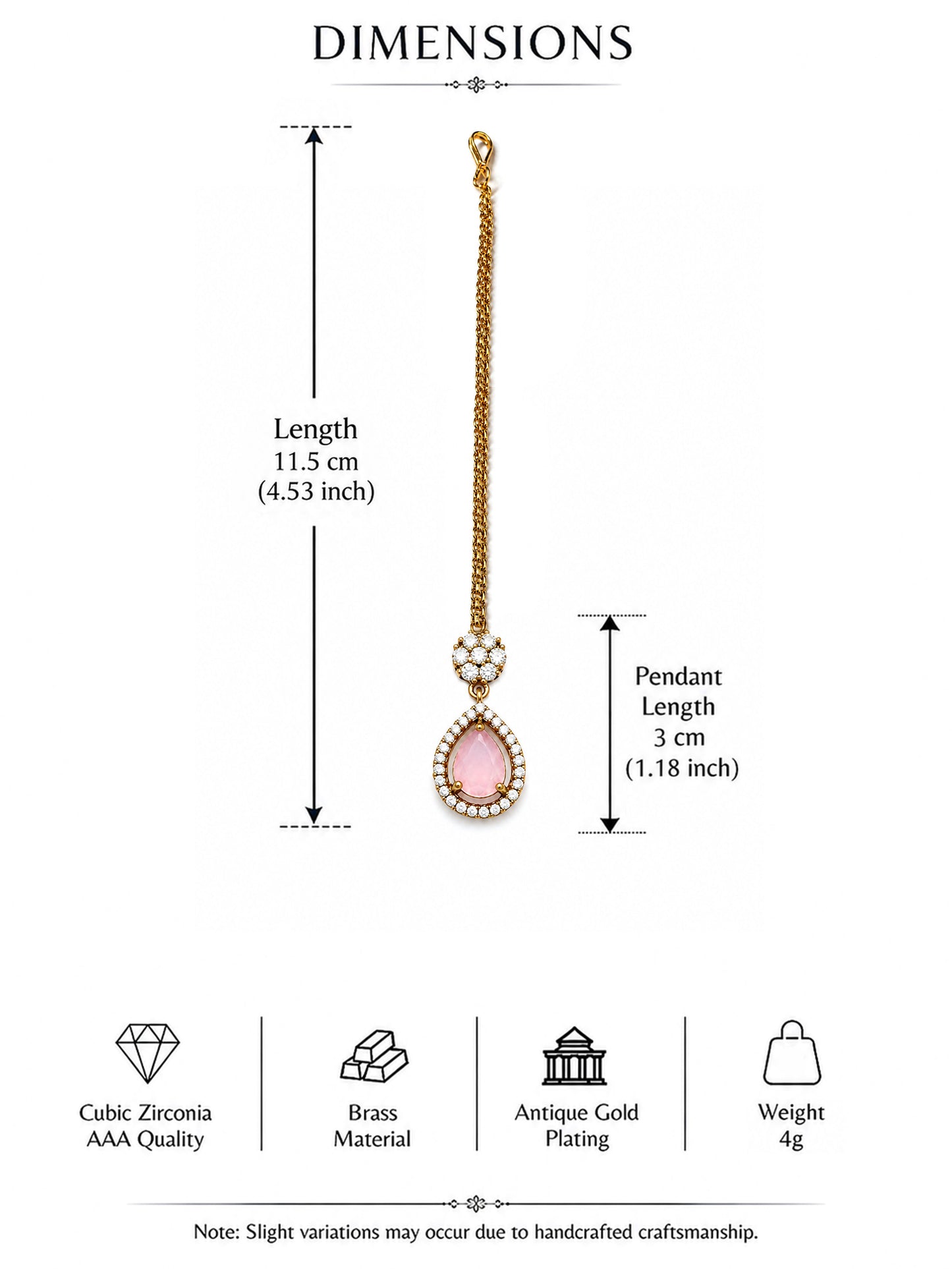 Antique Gold Plated Pink AD Maang Tikka for Women
