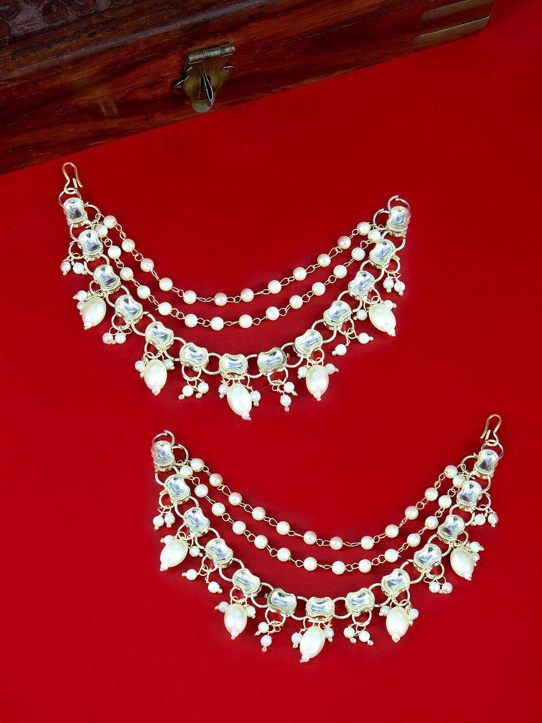 Gold-plated 3-Layered Kundan-Studded & Faux-Pearl Drop Ear Chain