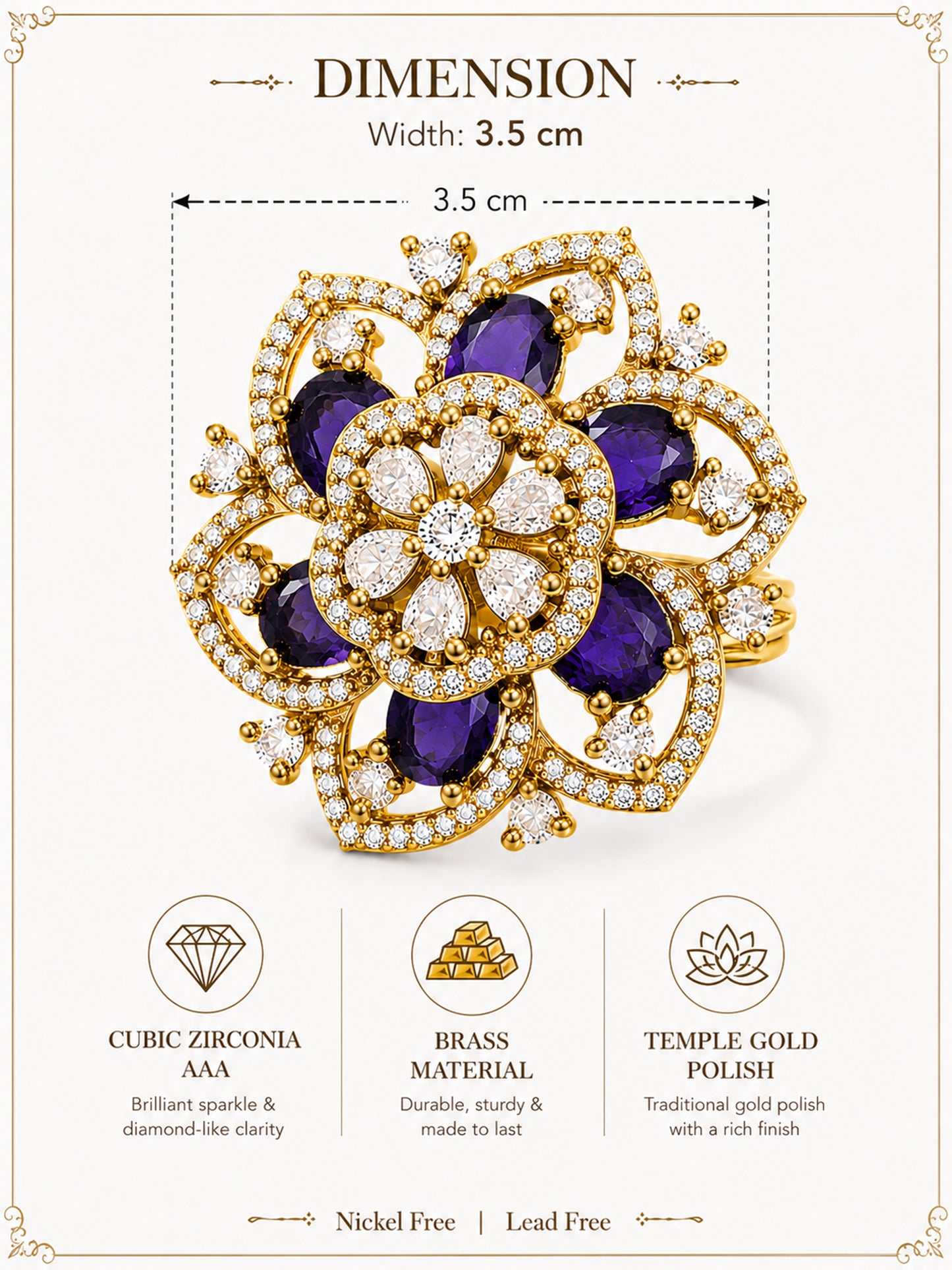 Antique Gold Plated Purple AD Finger Ring for Women