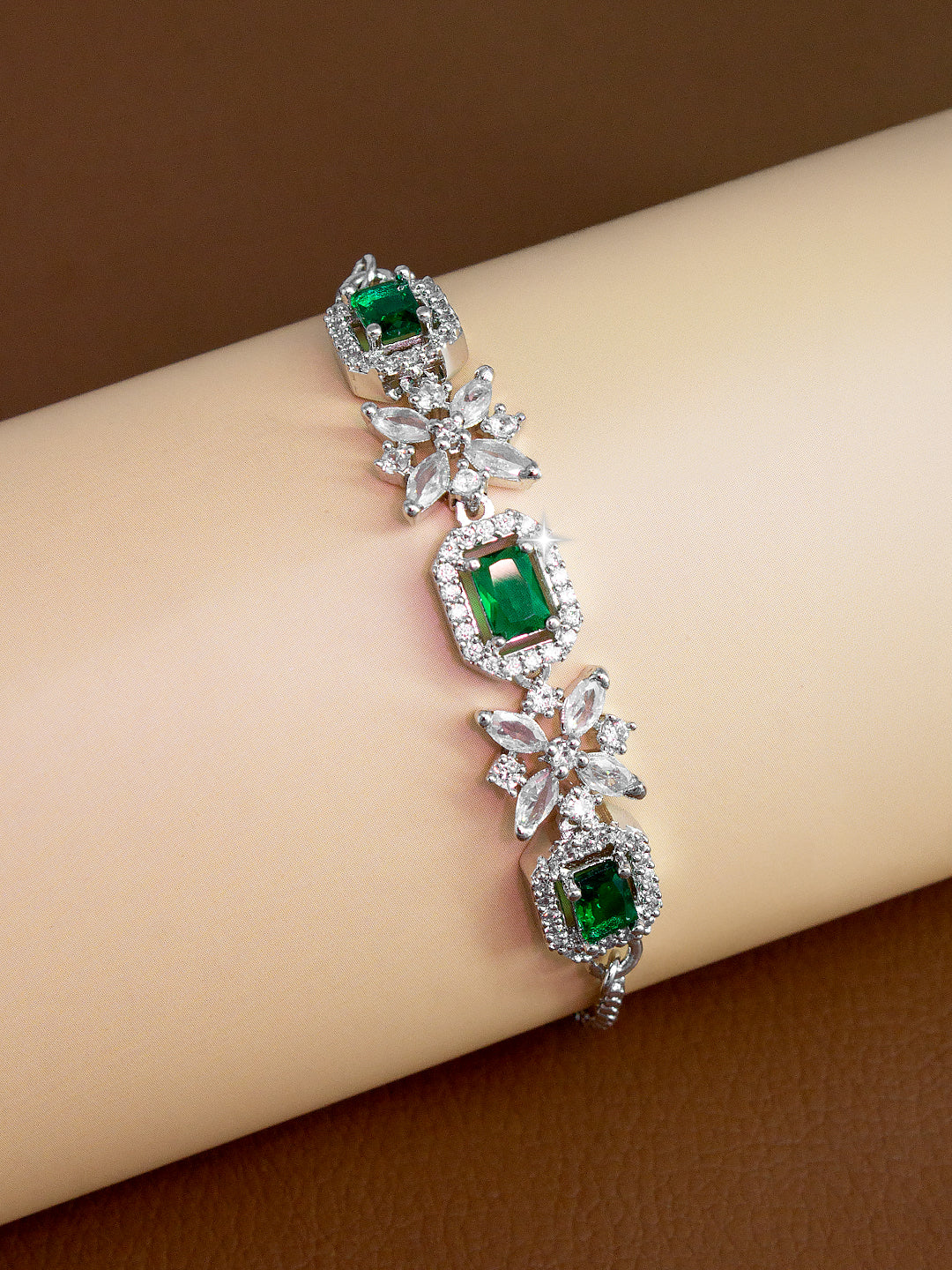 American Diamond Floral Design Green Adjustable Bracelet For Women and Girls