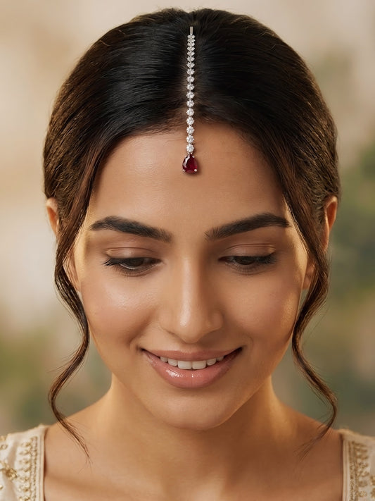 Silver Plated Red AD Teardrop Maang Tikka for Women