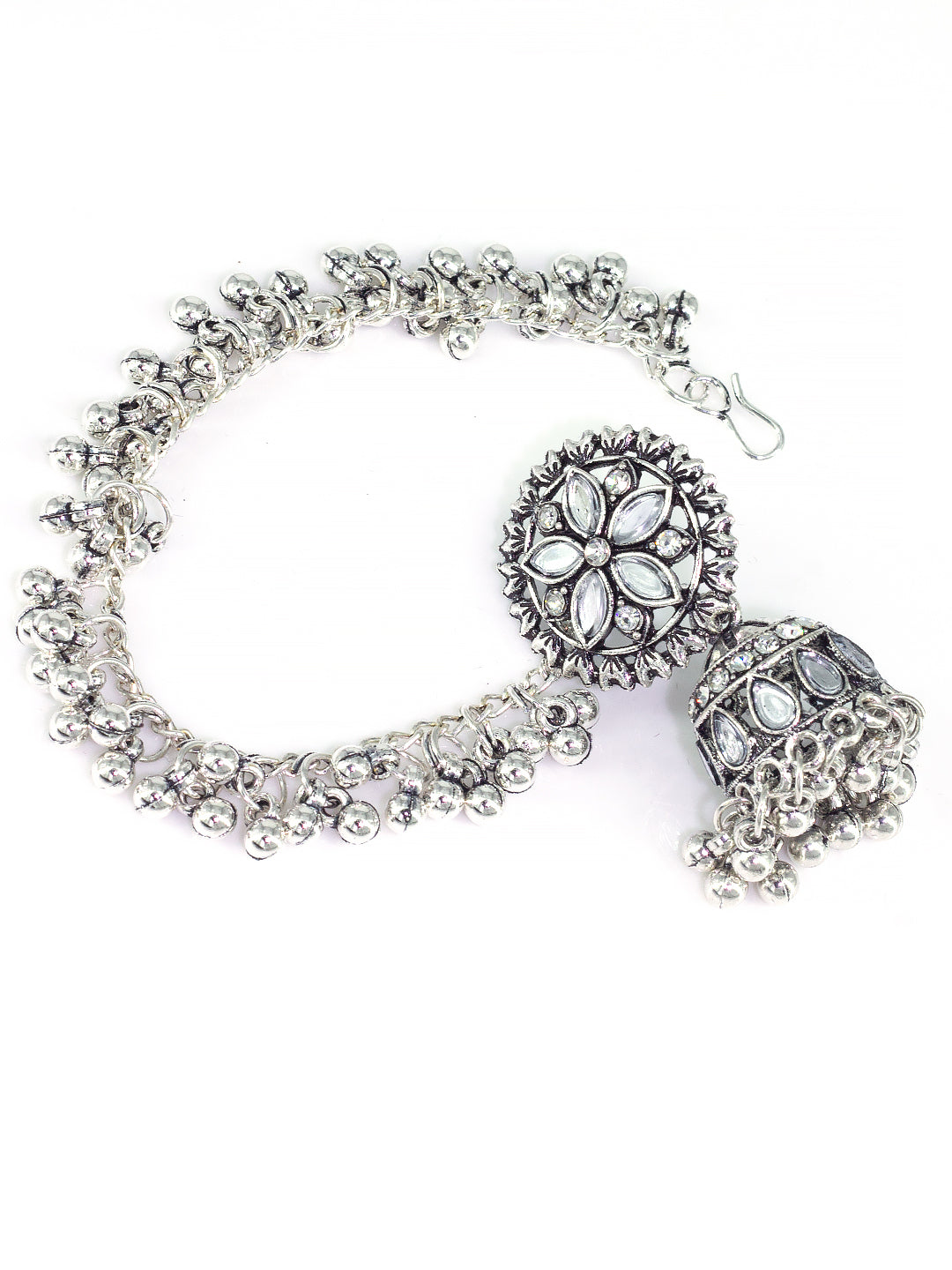 Silver-Oxidised Floral Mirror-Studded Jhumka Earrings With Hair Chain