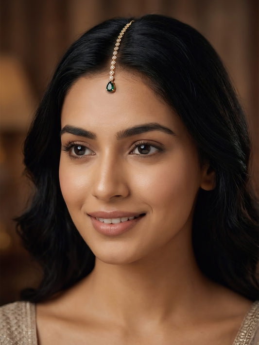 Gold Plated Green AD Teardrop Maang Tikka for Women
