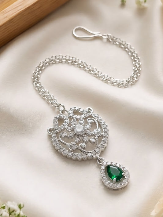 Rhodium Plated Green AD Maang Tikka for Women