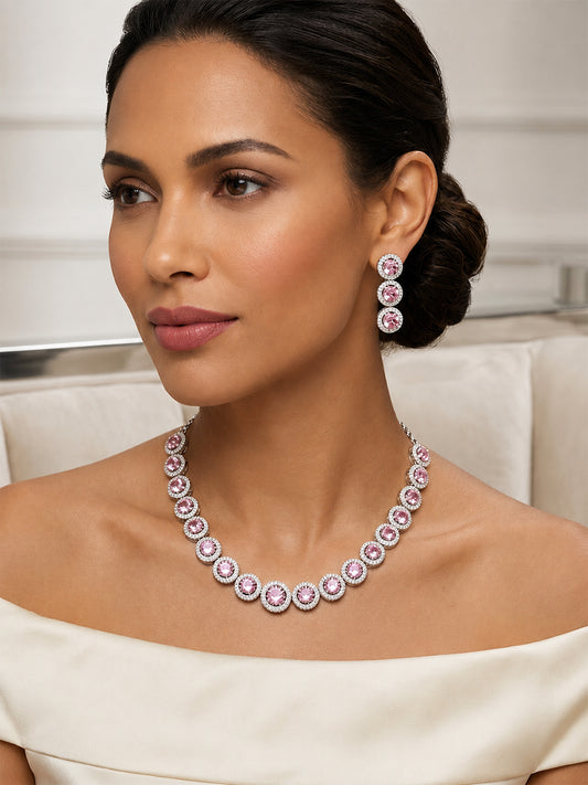 Silver Plated Pink AD Jewellery Set for Women