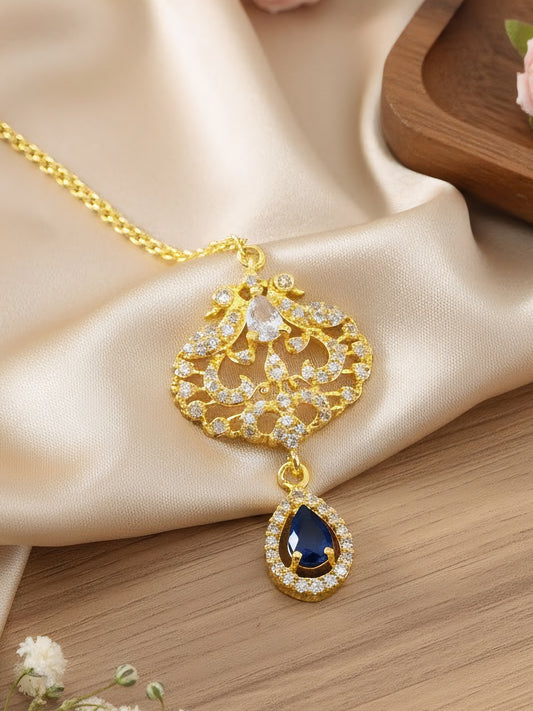 Gold Plated Blue AD Peacock Maang Tikka for Women
