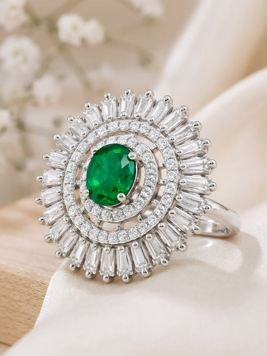 Silver Plated Green AD Round Ring for Women