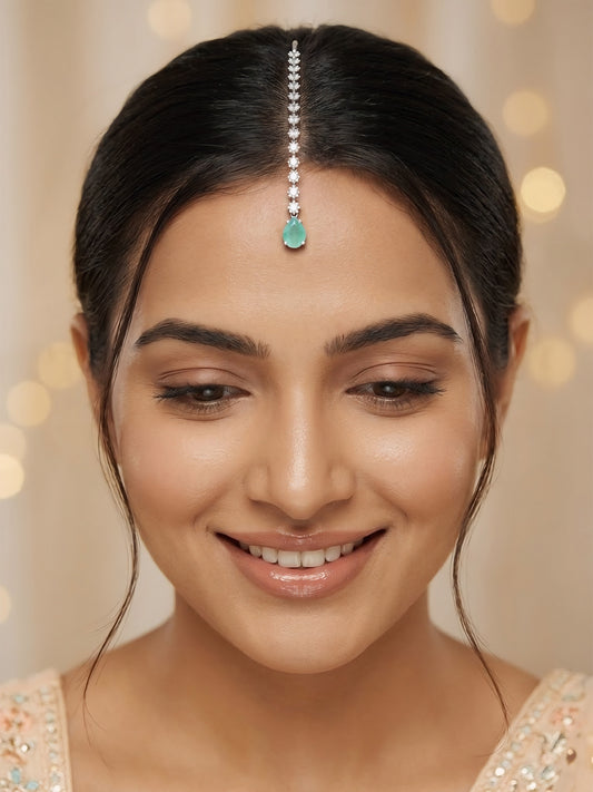 Silver Plated Green AD Teardrop Maang Tikka for Women