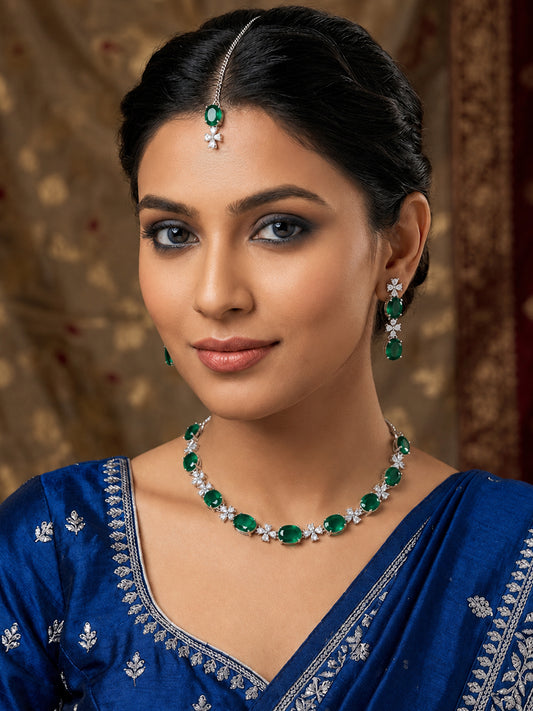 Silver Plated Green AD Jewellery Set for Women