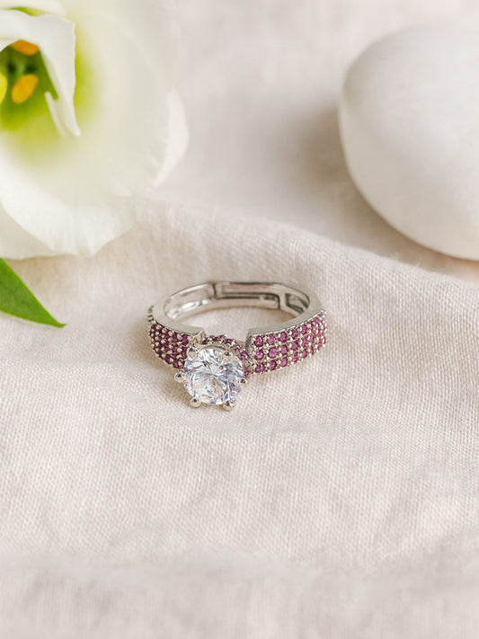 Silver Plated Ruby AD Adjustable Finger Ring for Women