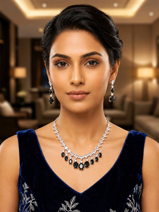 Silver Plated Black AD Choker Set for Women