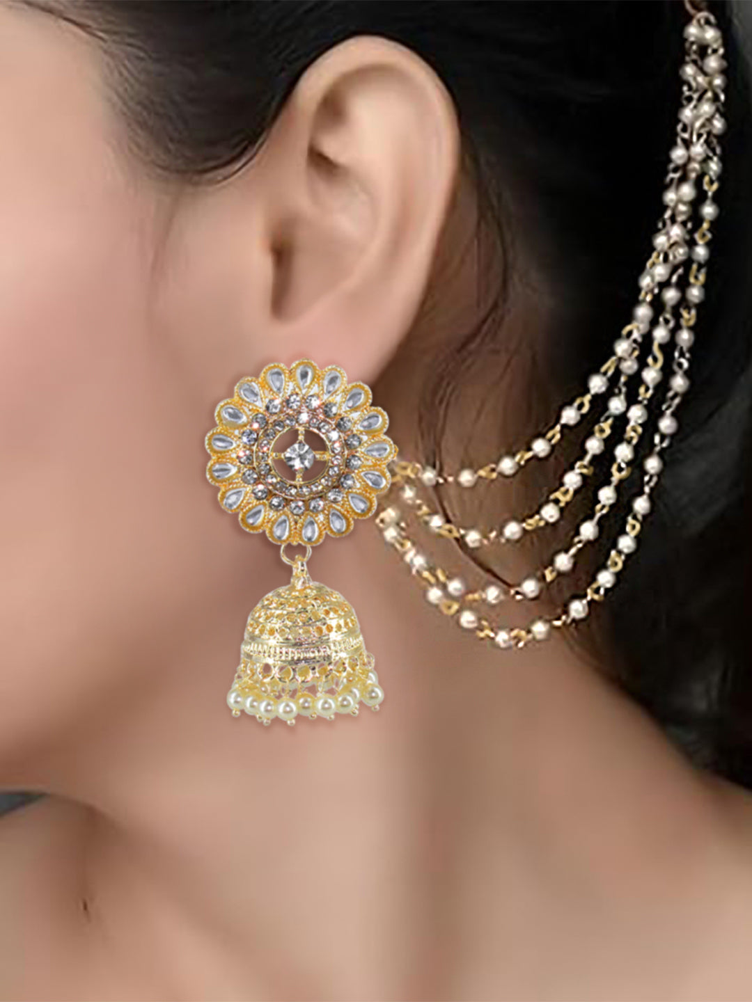 Floral Kundan-Studded & Beads Drop Jhumka Earrings With Ear Chain