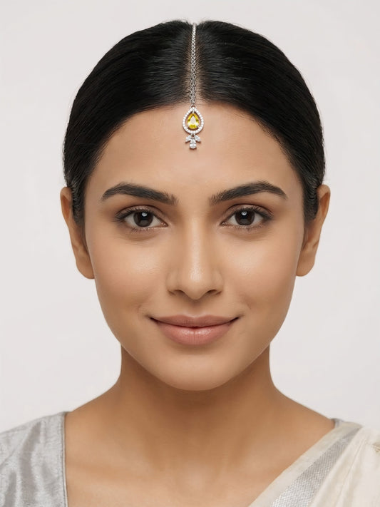 Silver Plated Yellow AD Maang Tikka for Women