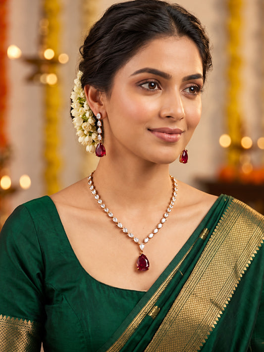 South Indian Gold Plated Red AD Teardrop Jewellery Set for Women
