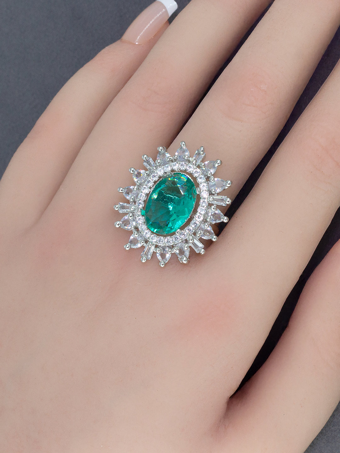Pack of 3 Red Blue and Green Statement AD-Studded Adjustable Ring