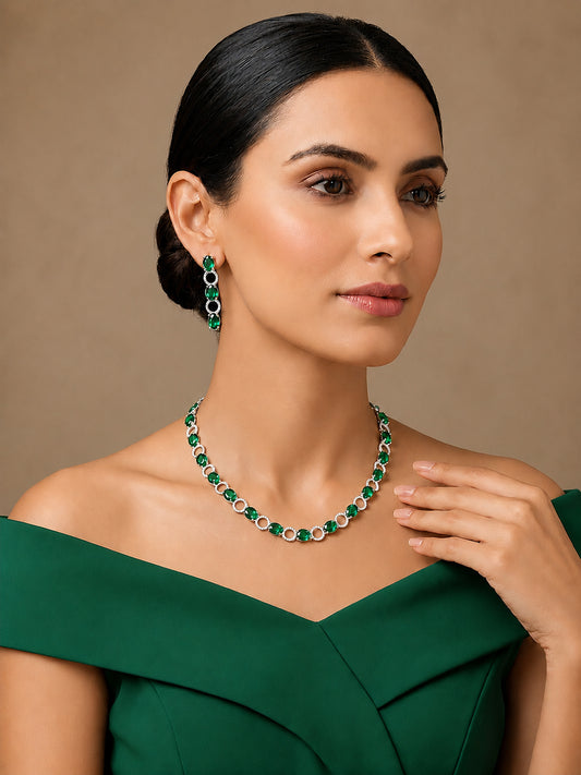 Silver Plated Green AD Choker Set for Women
