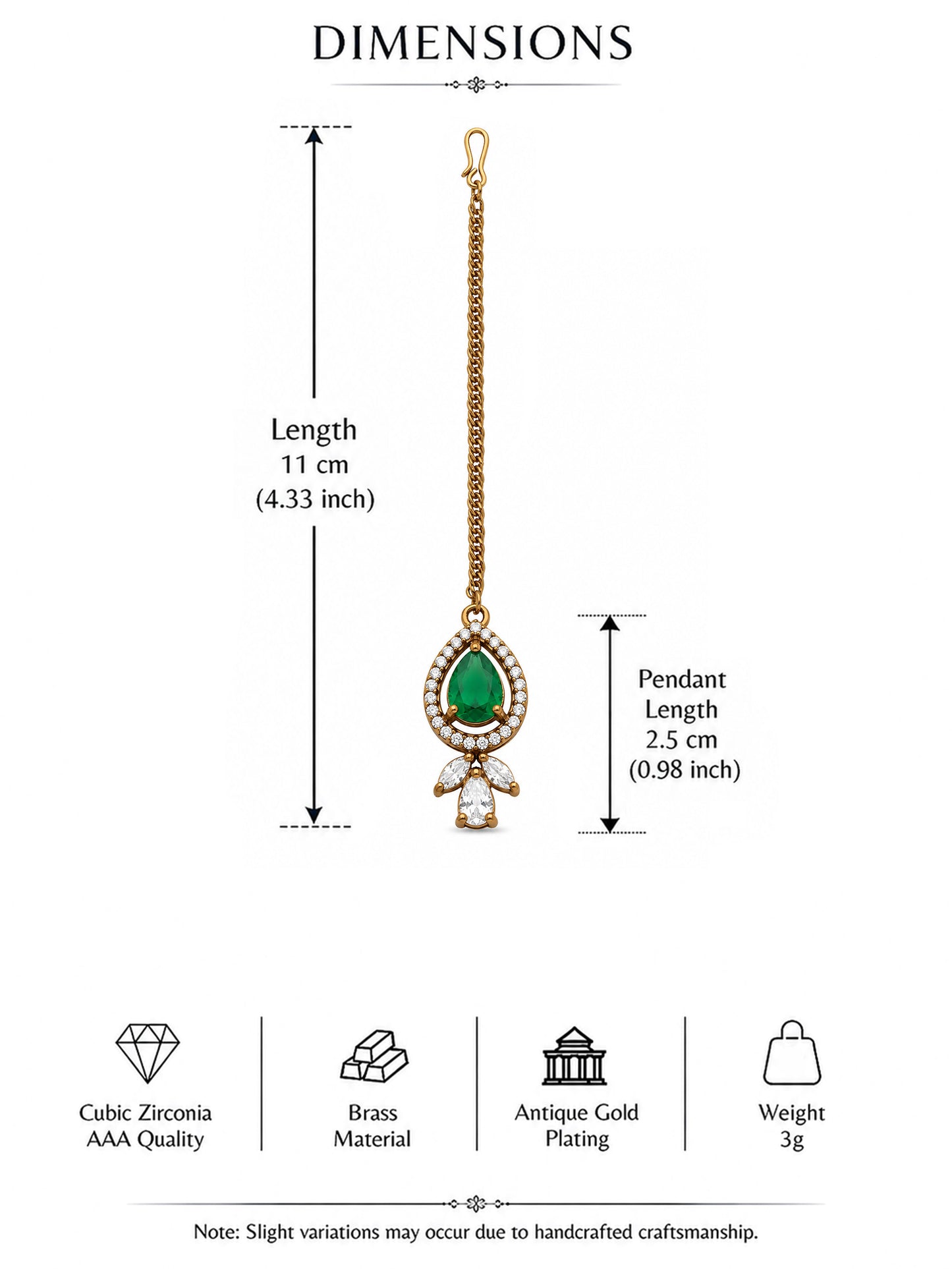 Antique Gold Plated Green AD Maang Tikka for Women