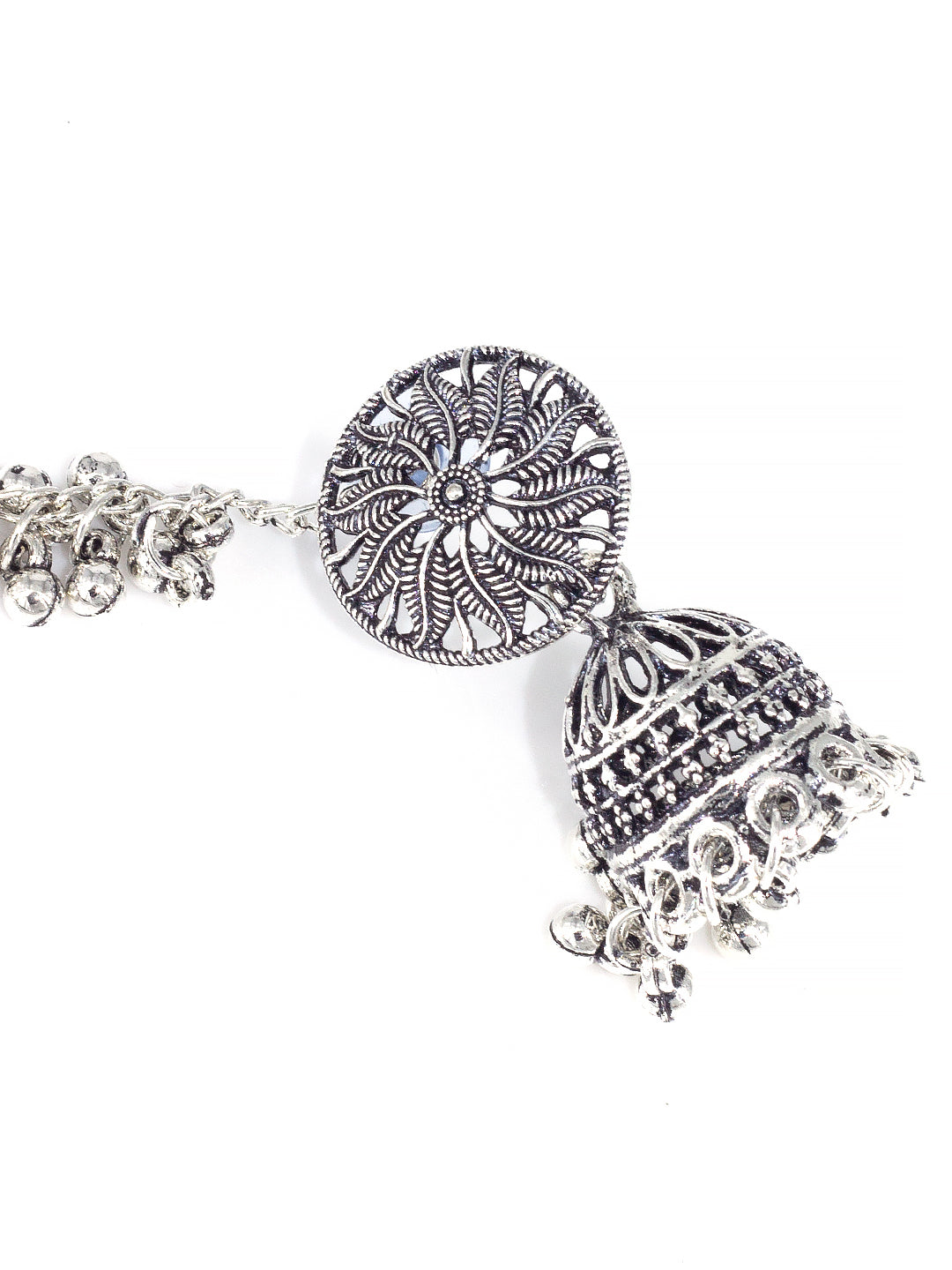 Silver-Oxidised Floral Jhumka Earrings With Ear Chain
