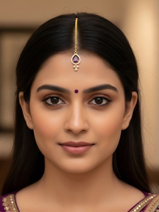 Gold Plated Purple American Diamond Maang Tikka for Women
