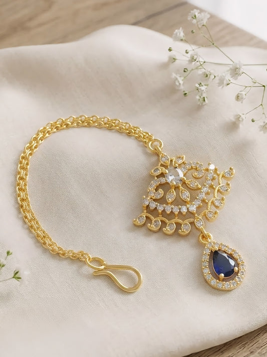 Gold Plated Blue AD Maang Tikka for Women
