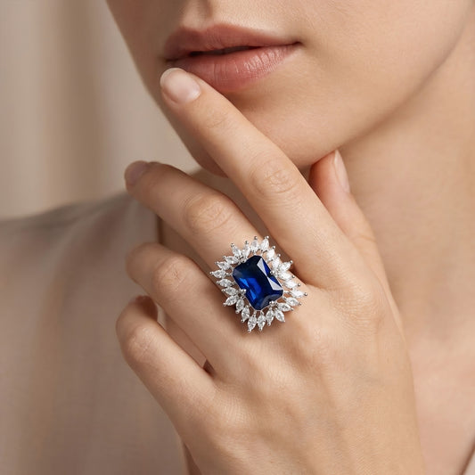 Silver Plated Blue AD Finger Ring for Women