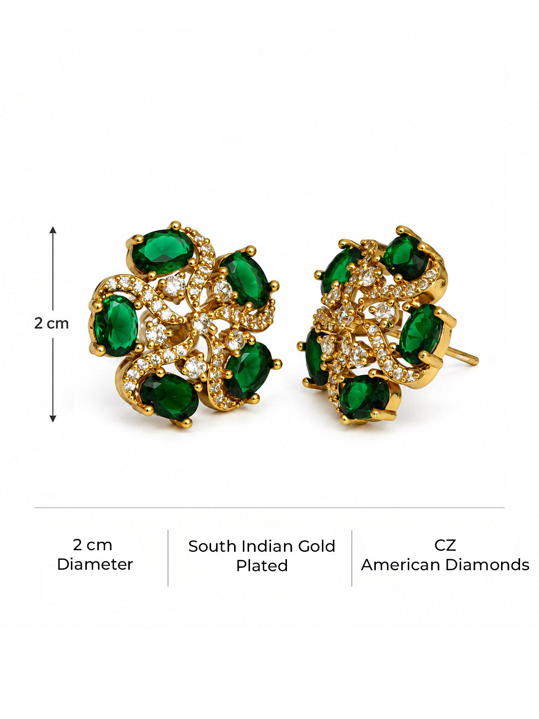 South Indian Gold Plated Green AD Floral Stud Earrings for Women