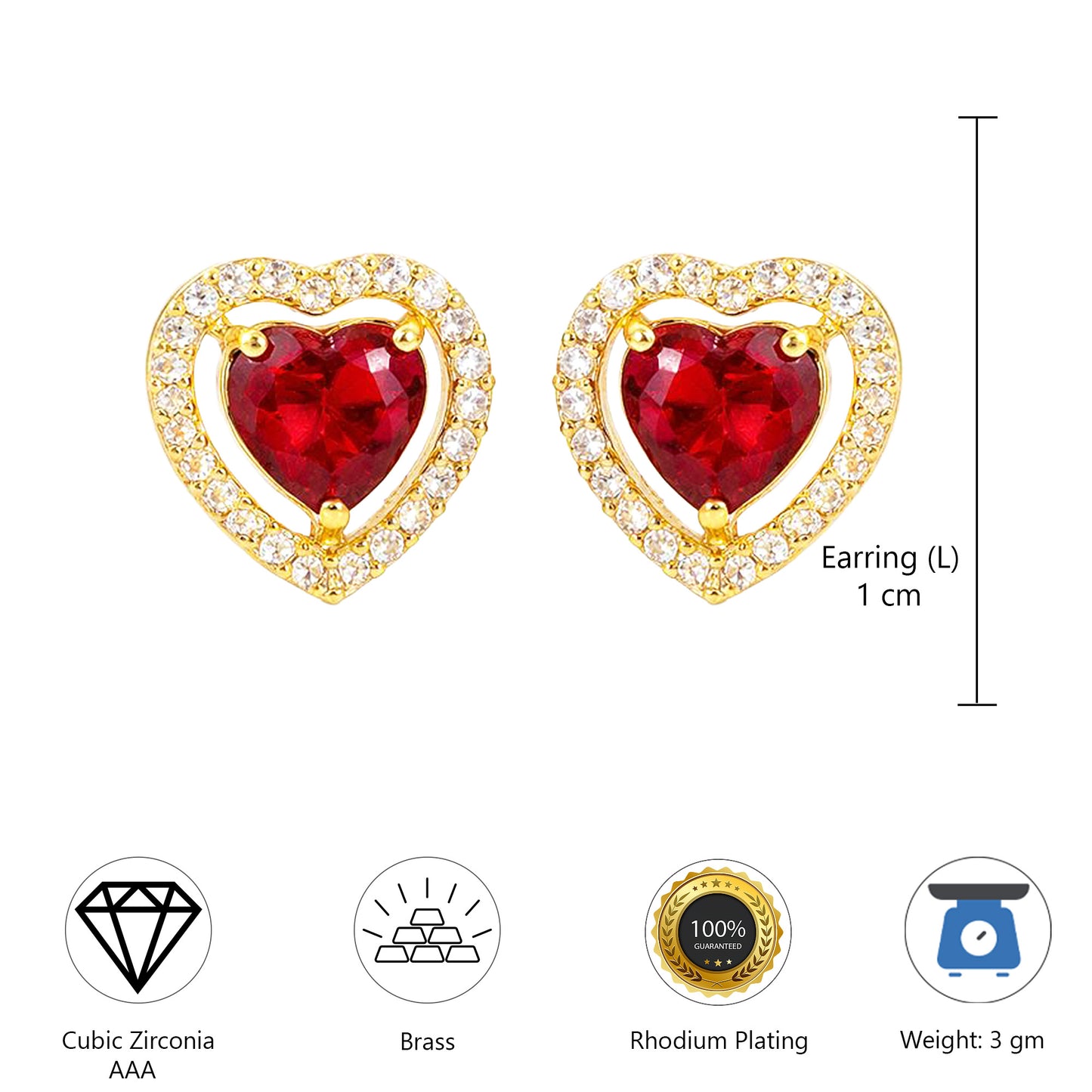 Gold Plated Red AD Heart Earrings for Women
