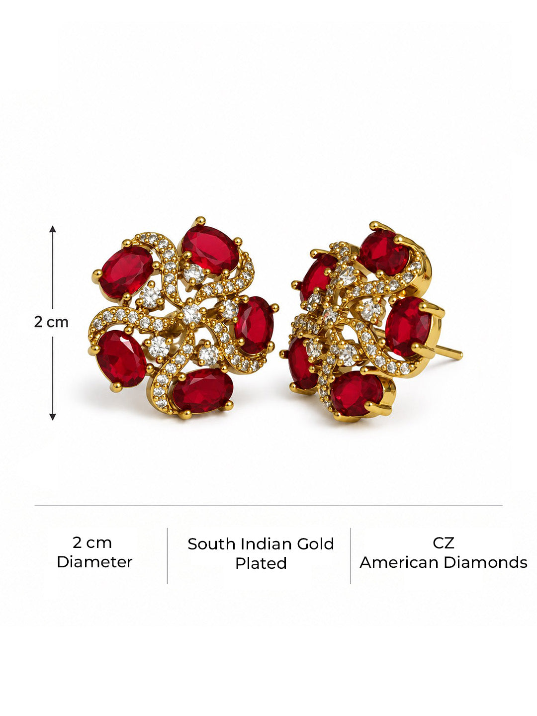 South Indian Gold Plated Red AD Floral Stud Earrings for Women