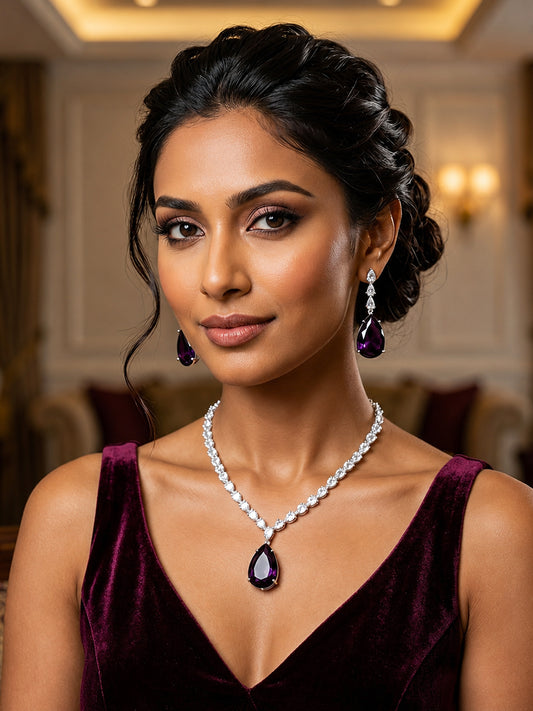 Silver Plated Purple Teardrop AD Jewellery Set for Women