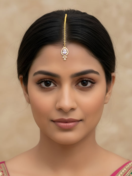 Gold Plated White American Diamond Maang Tikka for Women