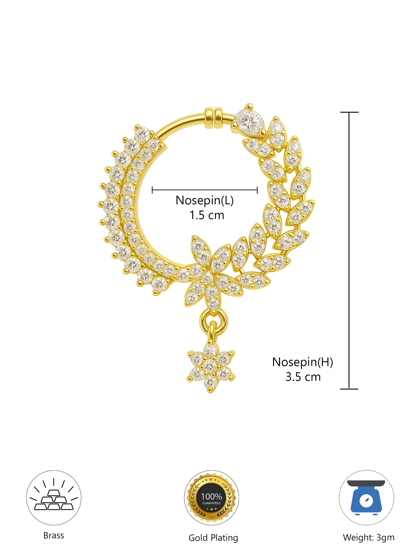 Gold Plated American Diamond Bridal Press On Nose Ring for Women