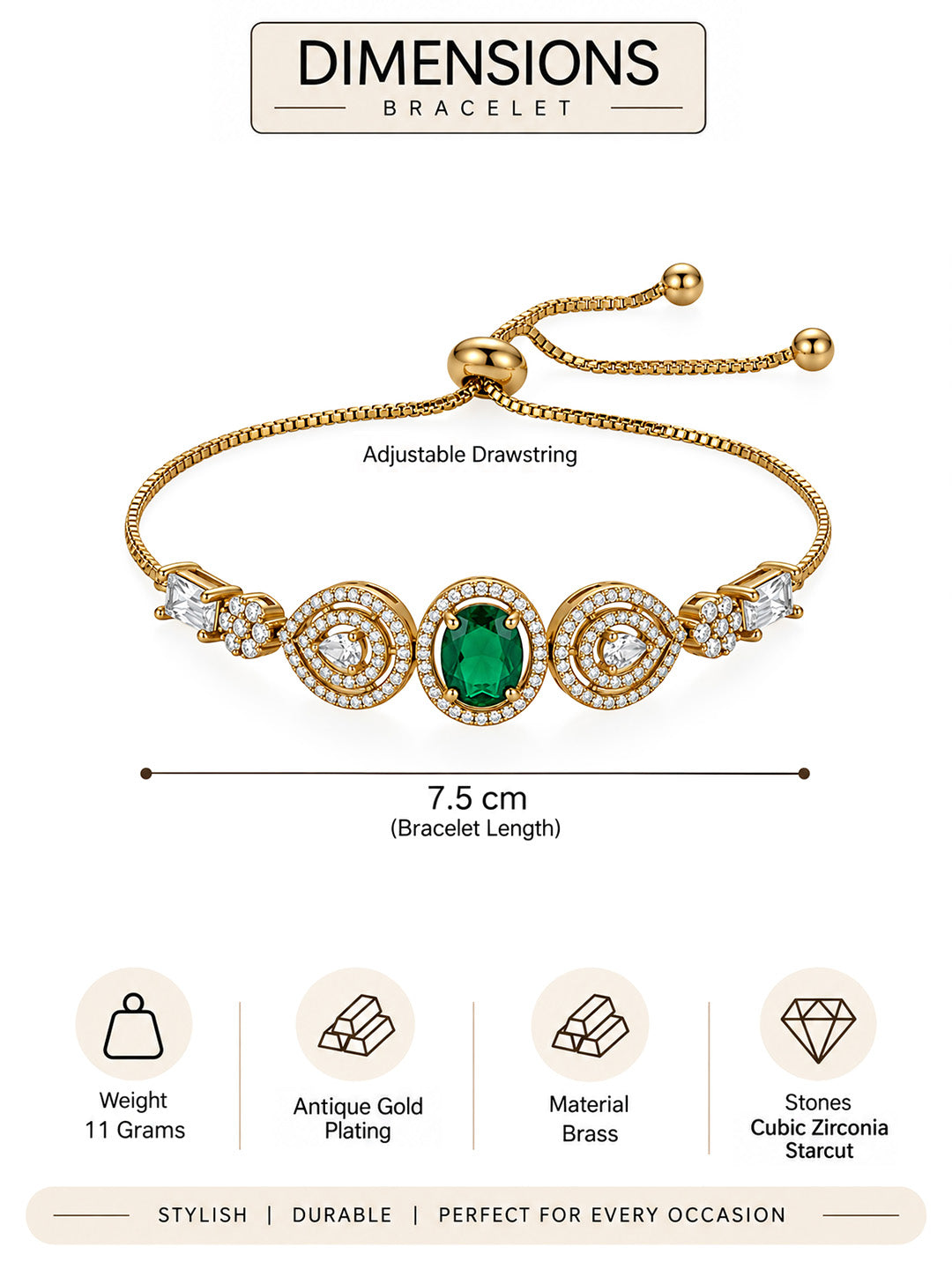 Antique Gold Plated Green AD Bracelet for Women