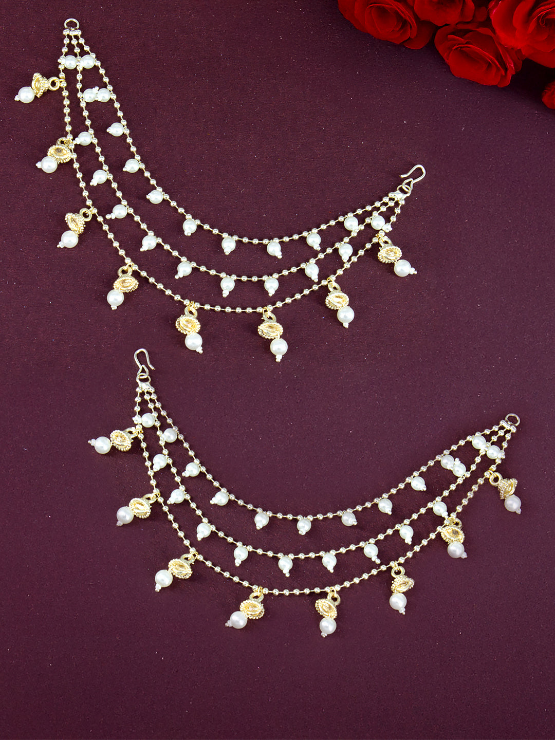 Gold-Plated 3-Layered Beads & 8 Jhumki Drop Ear Chain
