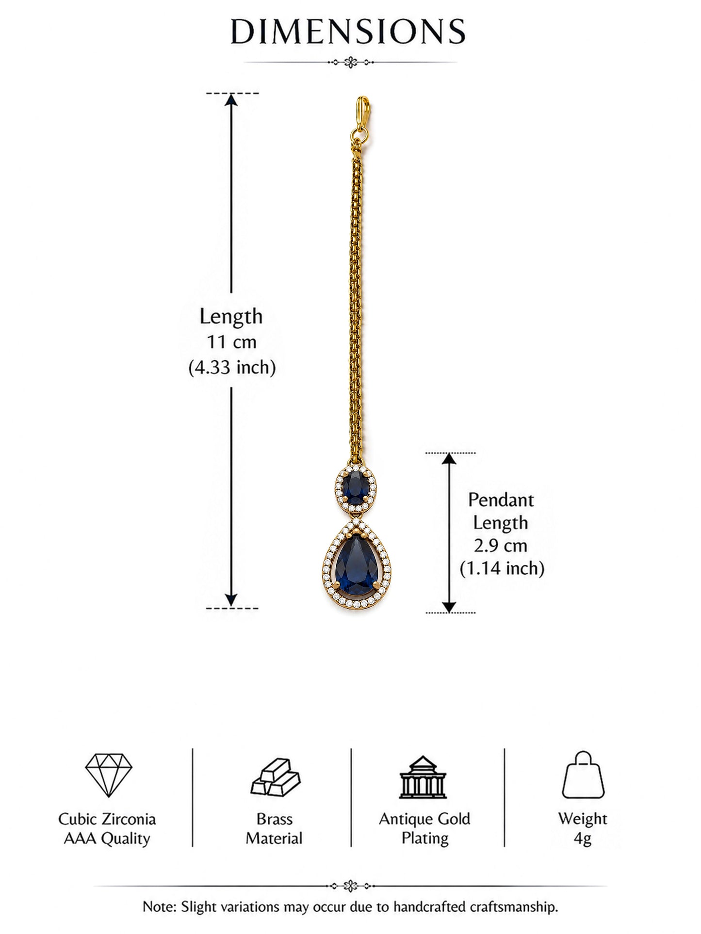 Antique Gold Plated Blue AD Maang Tikka for Women