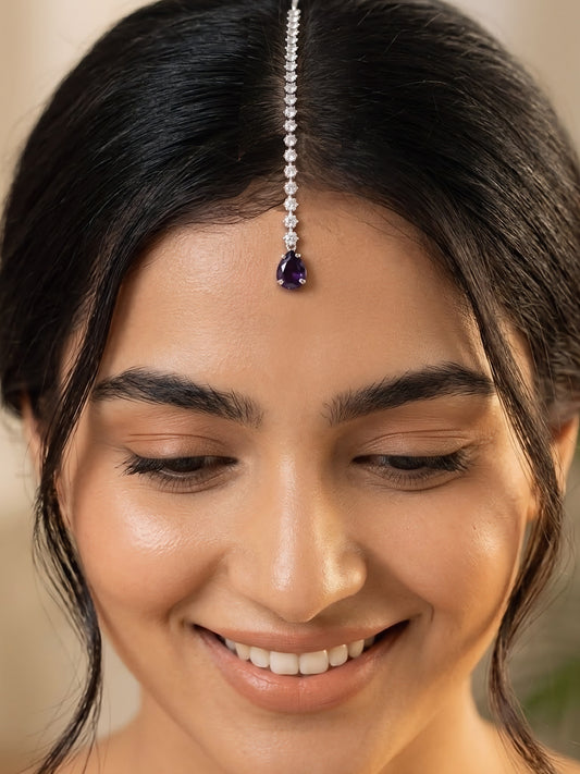 Silver Plated Purple AD Teardrop Maang Tikka for Women