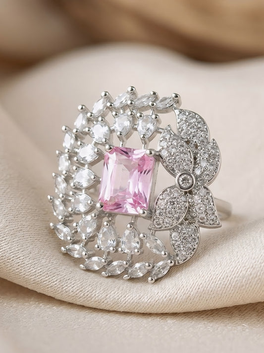 Silver Plated Pink AD Finger Ring for Women