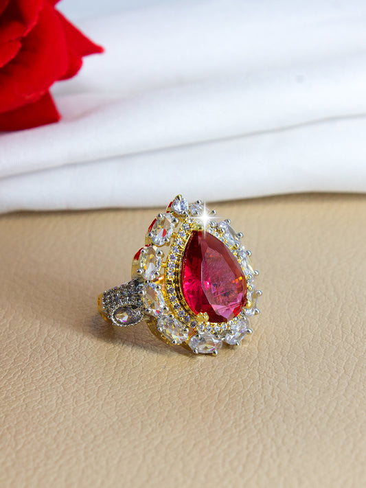 Gold Plated Red AD Adjustable Designer Ring For Women
