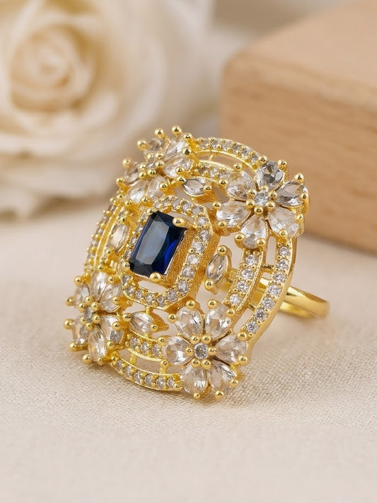 Gold Plated Blue AD Floral Adjustable Finger Ring for Women