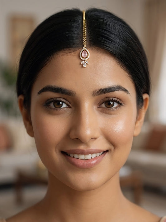 Gold Plated Pink AD Maang Tikka for Women