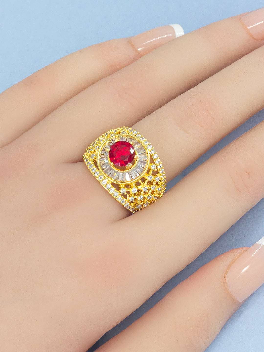 Pack of 2 Ring and Red Statement AD-Studded Adjustable Ring
