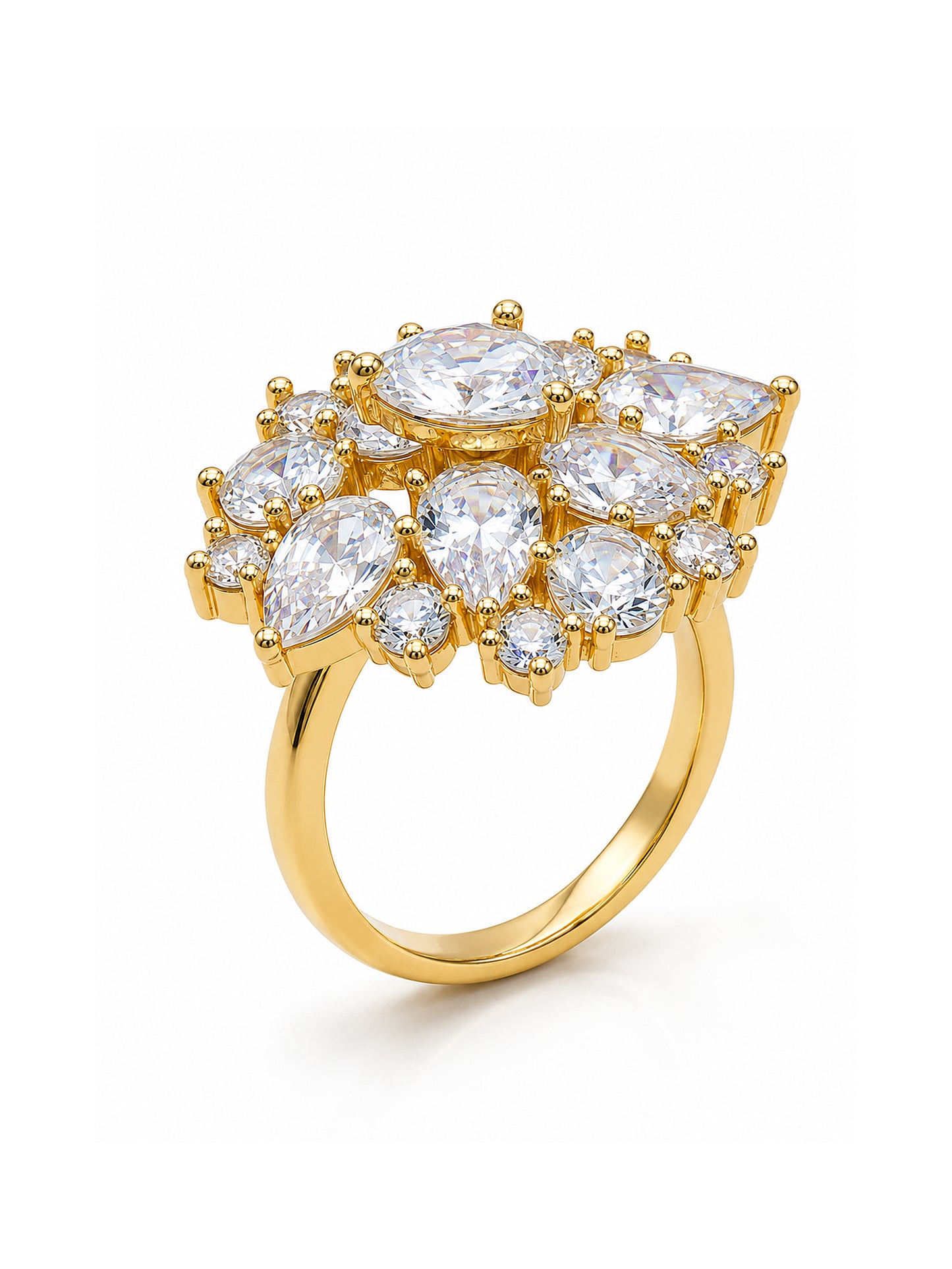 Gold Cluster AD Statement Ring – Pear-Cut Sparkle Design for Women