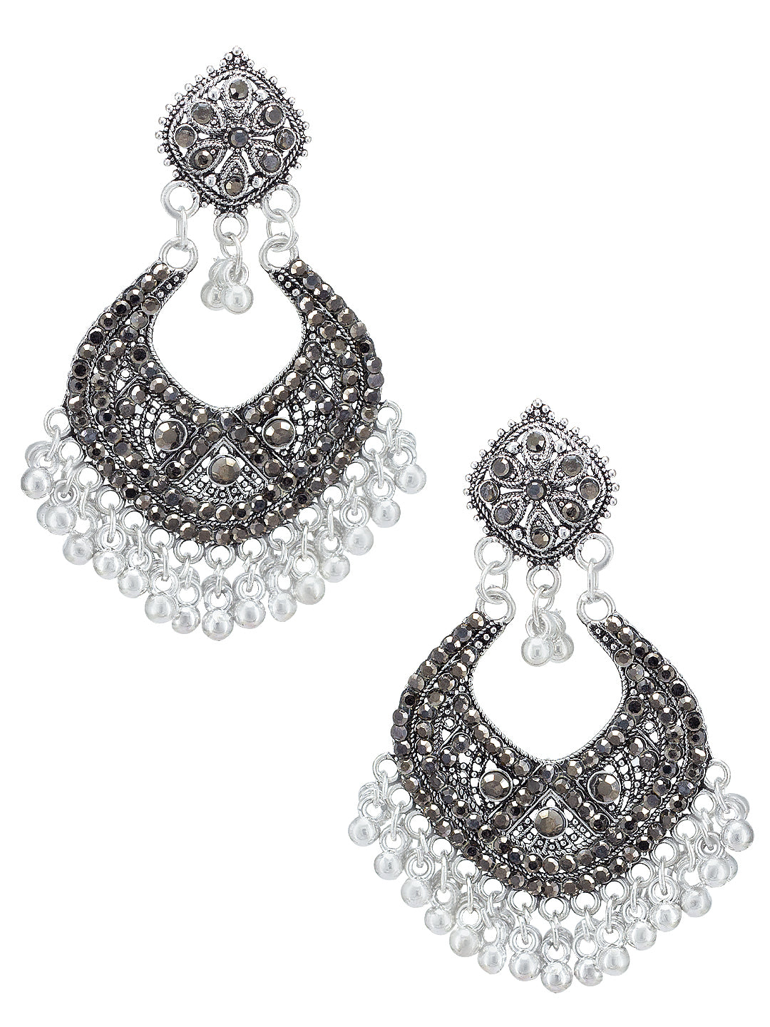 Pack Of 3 Silver-Oxidised Contemporary Artificial Stones Studded Jhumkas
