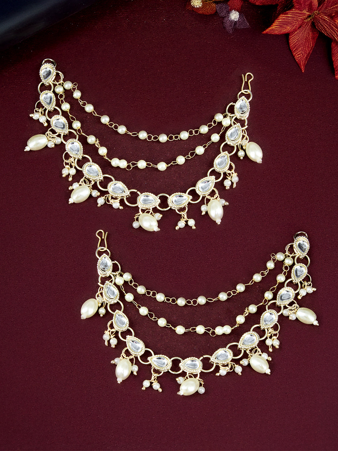 Gold-plated 3-Layered Kundan-Studded & Faux-Pearl Drop Ear Chain
